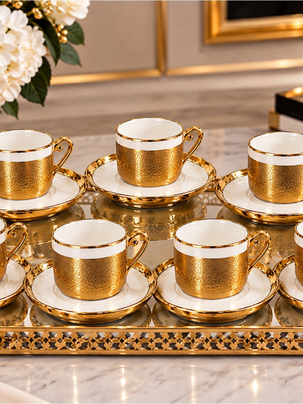 7 Luxury Gold Porcelain Tea Cup and Saucer Set - Elegant Home Kitchen Serveware